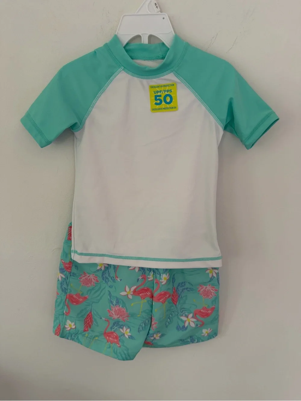 Tommy Bahama Mint Green & White Kids Rash Guard Set with Flamingo Print Trunks